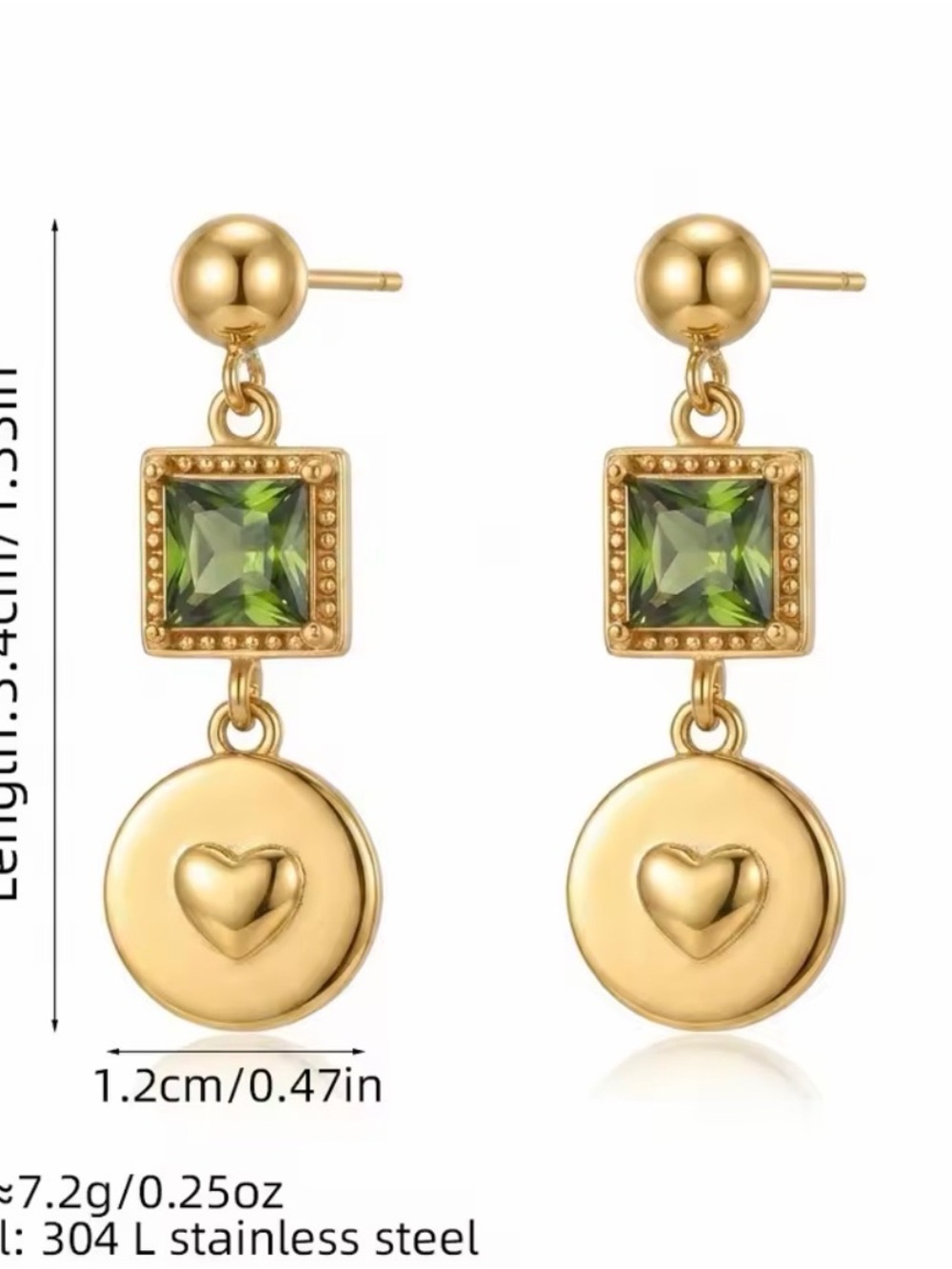 Gold-Tone Green Crystal Drop Heart Earrings and Bracelet SET - Picture 4 of 8